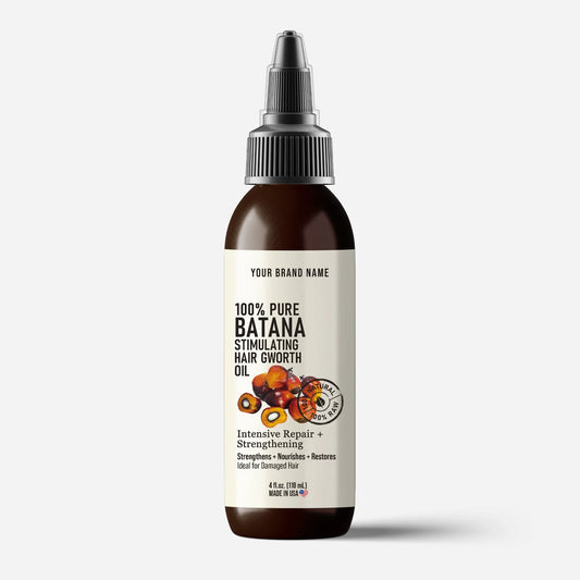 100% Pure Batana Stimulating Hair Growth Oil in a 4 oz (118 mL) amber PET bottle, featuring intensive repair, strengthening, nourishment, and restoration ideal for damaged hair, made in USA