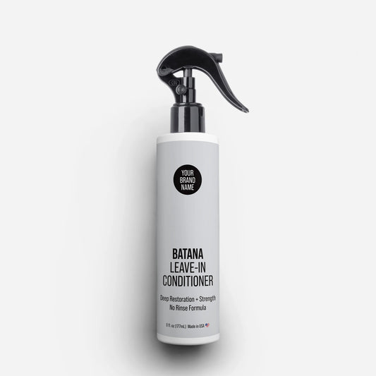 Private Label Batana Leave-In Conditioner featuring deep restoration, strength, and no-rinse formula in a trigger spray bottle, made in USA