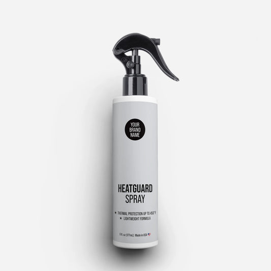Private Label Heatguard Spray featuring thermal protection up to 450°F and lightweight formula in a 5 oz trigger spray bottle, made in USA.