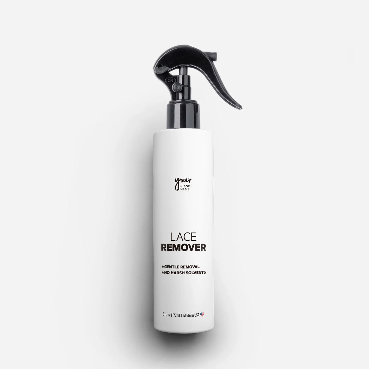 Private Label Lace Adhesive Remover featuring fast-acting and gentle solvent formula in a trigger spray bottle, professional wig tape and glue removal, made in USA