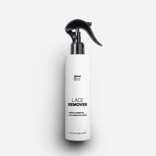 Private Label Lace Adhesive Remover featuring fast-acting and gentle solvent formula in a trigger spray bottle, professional wig tape and glue removal, made in USA