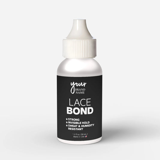 Private Label Lace Bond featuring strong, invisible hold, and sweat and humidity resistance in a 1.3 oz (38 mL) bottle, made in USA