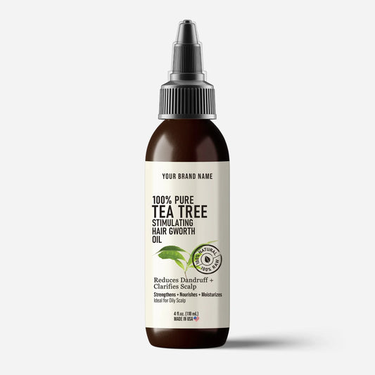 Private Label 100% Pure Tea Tree Stimulating Hair Growth Oil in a 4 oz (118 mL) amber PET bottle, featuring dandruff reduction, scalp clarification, strengthening, nourishment, and moisturization ideal for oily scalp, made in USA.
