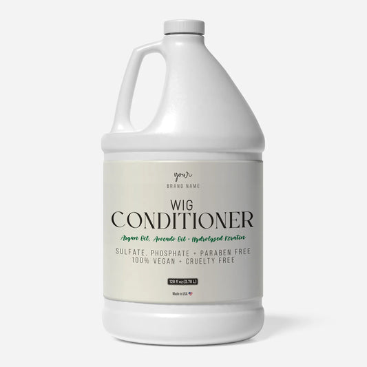 Private Label Wig Conditioner featuring Argan Oil, Avocado Oil, and Hydrolyzed Keratin in a 1 gallon (128 fl oz / 3.78 L) bulk jug, sulfate-free, phosphate-free, paraben-free, 100% vegan, and cruelty-free, made in USA.